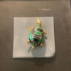 Talbots turtle brooch, pen, blue gold green 2 inches